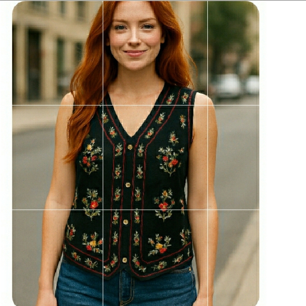 Bobbie Brooks Floral Embroidered Black Top Button Down 100% Cotton Size Large